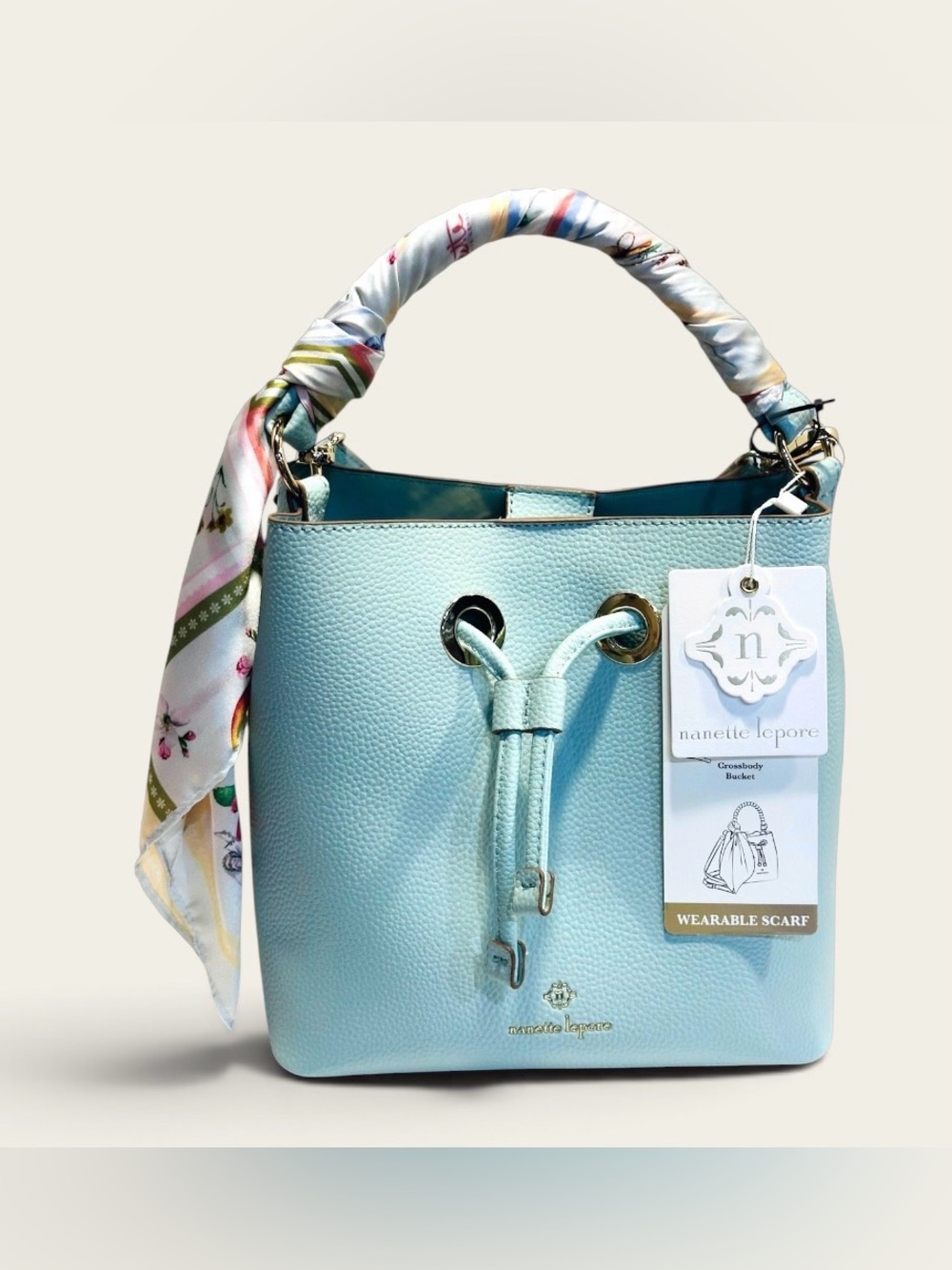 Nanette Lepore Mint Green Pebbled Bucket Bag with Scarf-wrapped Handle